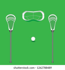 An top view of a realistic lacrosse equipment with sticks, ball and mask on green background