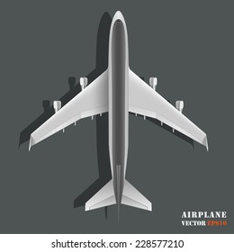 Top view realistic large passenger airplane isolated on black background. Design element plane icon. Big commercial airplane. Vector illustration