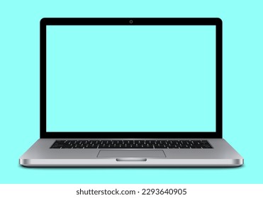 Top view of realistic perspective laptop with keyboard isolated on turquoise background open incline 90 degree. Computer notebook with screen template. mobile computer with keypad. vector illustration