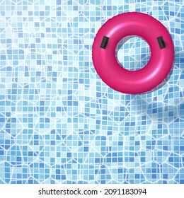 Top view realista color rosa inflable anillo de nado flotando en una clara ilustración vectorial de la piscina de agua azul. Flota Beach lifebuoy relajante descanso verano vacaciones vacaciones vacaciones vacaciones vacaciones en el agua recreación