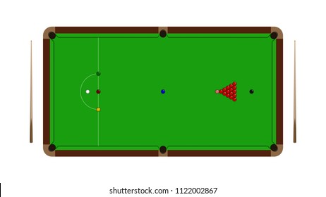 Top view of realistic snooker table with balls and cue isolated on a white background, vector illustration