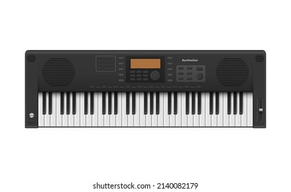 Top view realistic synthesizer with black and white keys, display and buttons vector illustration. Modern electronic musical equipment for audio sound melody playing artist musician isolated