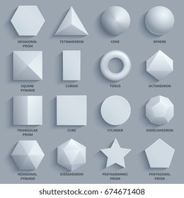 Top View Realistic White Math Basic 3d Shapes Vector Set. Three Dimensional Geometric Figures. Geometric Shape Figure Form Illustration