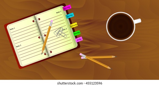 Top view of realistic work desk organization with open organizer and stickers with editing remarks, cup of coffee, pencils, paper clips on the table with wooden texture.   
