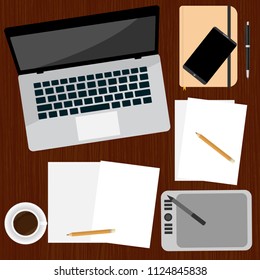 Top view of Realistic Workplace organization on wooden surface table, Set of modern business office and workspace, laptop,  smartphone, notepad, pen, paper, diary and coffee mug - flat vector