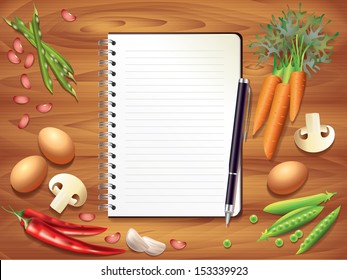 Top View Recipe Book On Wooden Stock Vector (Royalty Free) 153339923