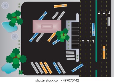 Top view of Rectangle building bus station Landscape Vector Illustration
