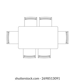 Vista de cima de um conjunto de jantar retangular com uma mesa acompanhada por quatro cadeiras, duas de cada lado.