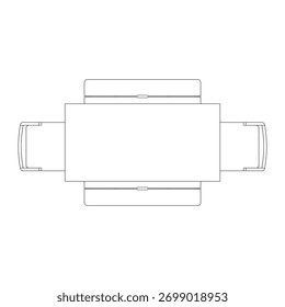 Vista de cima de um conjunto de jantar retangular com um longo banco em um lado e quatro cadeiras dispostas ao longo dos lados opostos da mesa.