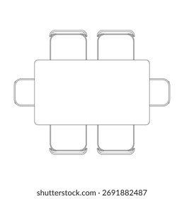 Top view of rectangular dining table with four chairs and two stools placed symmetrically, showing efficient use of space and a well-balanced composition ideal for medium-sized dining areas.