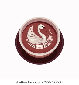 Top view of a red coffee drink in a cup with a detailed swan latte art pattern isolated on white