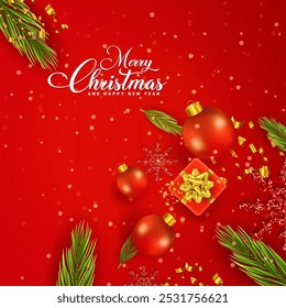 Vista superior vermelho cor realista Feliz Natal e Ano Novo banner design com caixa de presente, bola, estrela, fita e neve. Xmas arte de fundo. Feliz Natal e inverno cartaz vetor de design de cartaz de férias. 