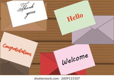 Top view of red envelope and postcard with white card with words Thank you, Welcome, Hello,  and Congratulations vector illustration design background