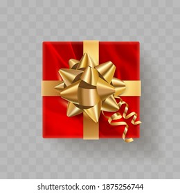 Top view red foil gift box with golden bow and ribbon. Happy New Year, Holiday, black friday illustration for postcard, banner, decor, design, arts on transparent background.