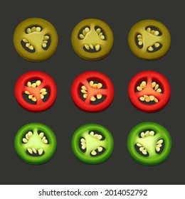 Top View Of Red, Green And Pickled Jalapeño Chili Pepper Slices Isolated On Dark Grey Background. Realistic Vector Illustration.