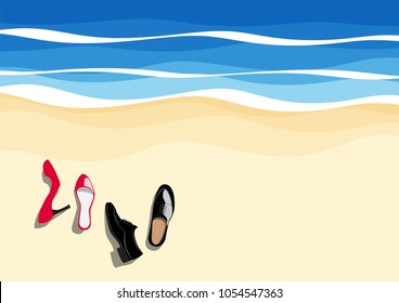 top view of red high heels and leather shoe on the beach, vector illustration,
concept is have a rest, people who work hard want to take a vacation for relax.