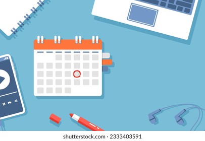 Top view Red pen marks the date, holiday, priority, important, reminder day on calendar concept Vector illustration flat design for banner, poster, and background.