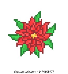 Top view red poinsettia flower, pixel art symbol of Christmas isolated on white background. 8 bit houseplant shop logotype. Old school vintage retro slot machine/video game graphics.