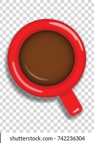 Top view of a red realistic cup of coffee, isolated on transparent background. Vector illustration 