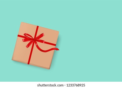top view of red ribbon with gift box on green background with copy space. concept design of present gift in Christmas or new year in vector illustration. it also use for marketing and sale template