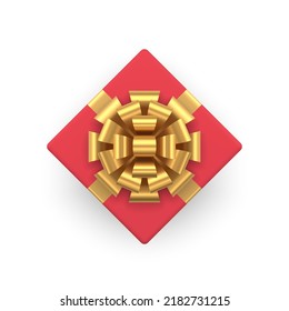 Top view rojo envuelto caja de regalo festividad realista atada por lujosa cinta dorada de gran arco de vacaciones sorpresa 3d plantilla ilustración vectorial. Envase de cartón rhombus clásico isométrico lindo
