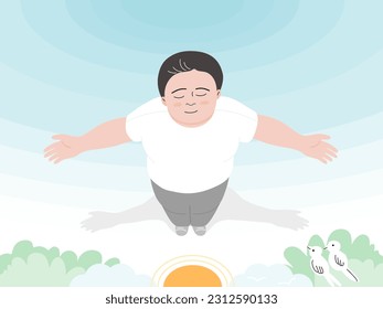 Top view of relax child boy with arms outstretched and breathing fresh air under the sun, flat vector illustrationl.