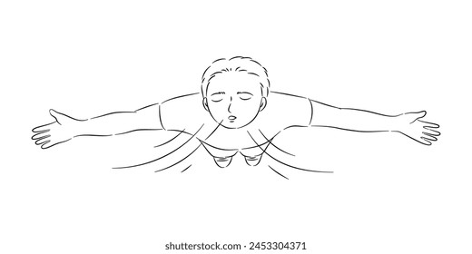 Top view of relaxed boy breathing fresh air and arms outstretched in line drawing cartoon.