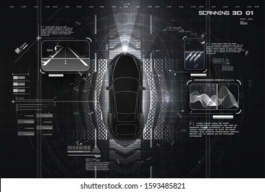 Top View Of Remote Sensing, Car. Futuristic Technology Concept. Abstract Virtual Graphic Touch User Interface. Carauto Service, Modern White/black  Design, Diagnostic Auto. Vector Illustration