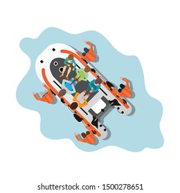 Top view of rescue team helping people isolated on background by pushing a boat through flooded water, Boat rescue vector illustration.