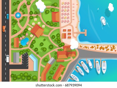 Top view of the resort town, park, road, cars, sea marina and moored yachts. Flat style Vector illustration. Vector City top view or View from above