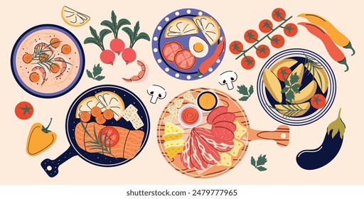 Top view of restaurant cuisine dishes.  Healthy food. Cooking. Cook. Trendy flat style. Hand drawn design. Vegetables, fruits, seafood, meat, sausage, sauces, salmon, lemon, potatoes. Cooking process