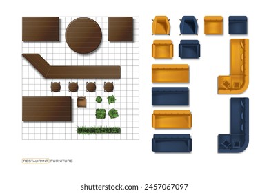 Vista superior del interior del restaurante. Iconos de diseño de café 3D. Muebles aislados para mapa de barras. Por encima del dibujo. Elemento de Plan industrial de pub. Sofá y mesa símbolos. Ilustración vectorial