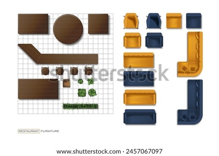 Top view of restaurant interior. 3D cafe layout icons. Isolated furniture for bar map. Above drawing. Pub industrial plan element. Overhead sofa and table symbols. Vector illustration