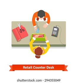 Top view of a retail sale. Clerk giving shopping bag to a customer and taking credit card. Flat style vector illustration isolated on white background.