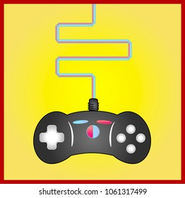 Top view of retro controller of old game console on yellow background. Flat lay.