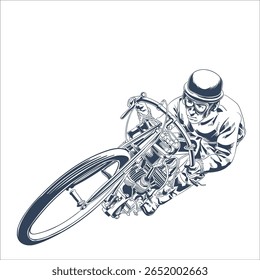 Top view retro motorcyclist vintage style illustration, man racing classic motorcycle in action with helmet and goggles, isolated vector