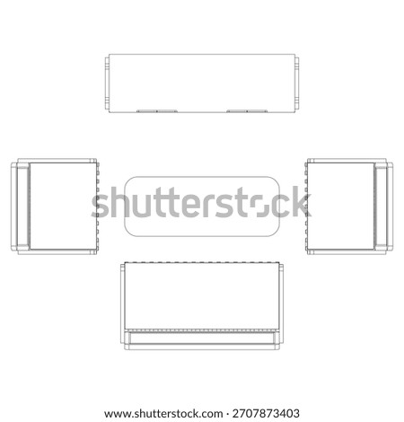 The top view reveals the spatial arrangement from above. The 2 armchair sofas and the 2-seater sofa form a U-shaped configuration surrounding the coffee table.