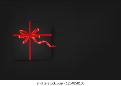 top view of ribbon and black gift box on dark background with copy space. concept design of present gift in Black Friday or special event for marketing and sale template in vector illustration