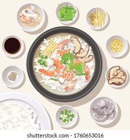 Top view of rice soup with shrimp and shiitake mushroom with ingredients.(Khao Tom Goong)