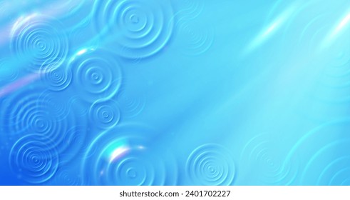 Top view rings on water. Rainy sunny day, radiant blue water surface with raindrops ripples circles vector background illustration of wave background surface drop, ring pattern effect