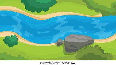 Top view river, flowing river with trees, stones and green field