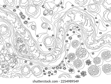 Top view river landscape in coloring style. Summer beautiful valley, scenic picturesque natural stream. River with trees on shore. Landscape with winding river. Vector illustration