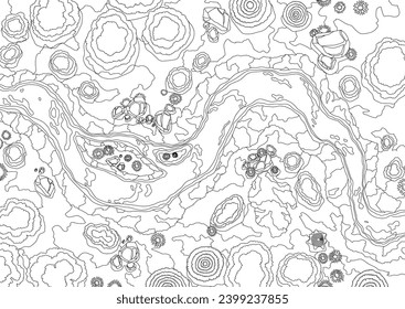 Vista superior del paisaje del río en estilo de color. El hermoso valle de verano, pintoresco y pintoresco arroyo natural. Río con árboles en la orilla. Paisaje con río sinuoso. Ilustración del vector
