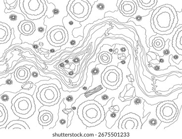 Top view river landscape in coloring style. Summer beautiful valley, scenic picturesque natural stream. River with trees on shore. Landscape with winding river. Vector