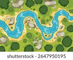 Top view river landscape. Summer beautiful valley, scenic picturesque natural stream. River with trees on shore. Landscape with winding river. Vector illustration