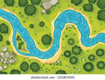 Vista superior del paisaje fluvial. El hermoso valle de verano, pintoresco y pintoresco arroyo natural. Río con árboles en la orilla. Paisaje con río sinuoso. Ilustración del vector