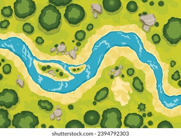 Top view river landscape. Summer beautiful valley, scenic picturesque natural stream. River with trees on shore. Landscape with winding river. Vector illustration