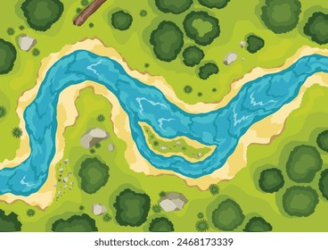 Vista superior del paisaje del río. Verano hermoso valle, pintoresco paisaje arroyo natural. Río con árboles en la orilla. Paisaje con río sinuoso. Ilustración vectorial