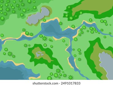Top view river landscape. Summer beautiful valley. River with trees on shore. Landscape with winding river.