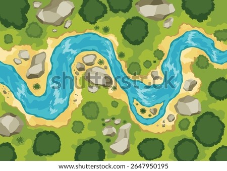 Top view river landscape. Summer beautiful valley, scenic picturesque natural stream. River with trees on shore. Landscape with winding river. Vector illustration